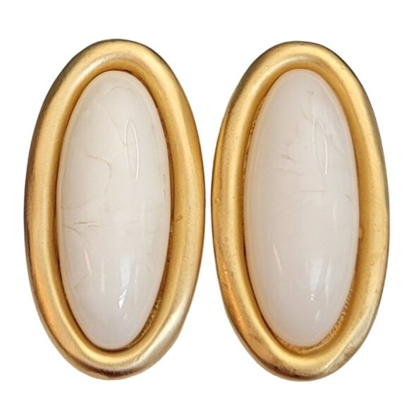 Givenchy Matte Gold Tone Faux Marbled Stone Oval Clip-On Earrings, Signed M599 - Picture 1 of 9